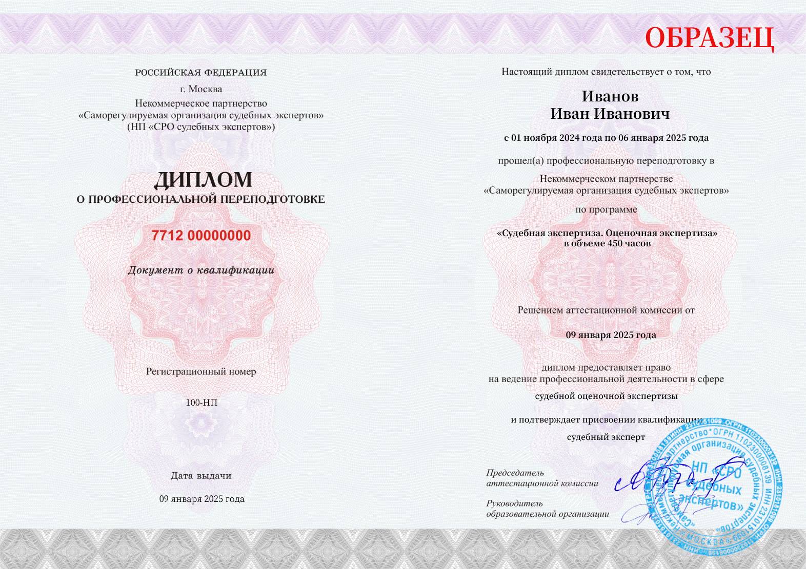 Диплом установленного образца о прохождении курса профессиональной переподготовки СРО судебных экспертов Оценочная экспертиза